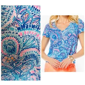 NEW Lilly Pulitzer Etta V-Neck Top Tee T Shirt Commotion In The Ocean Blue Large
